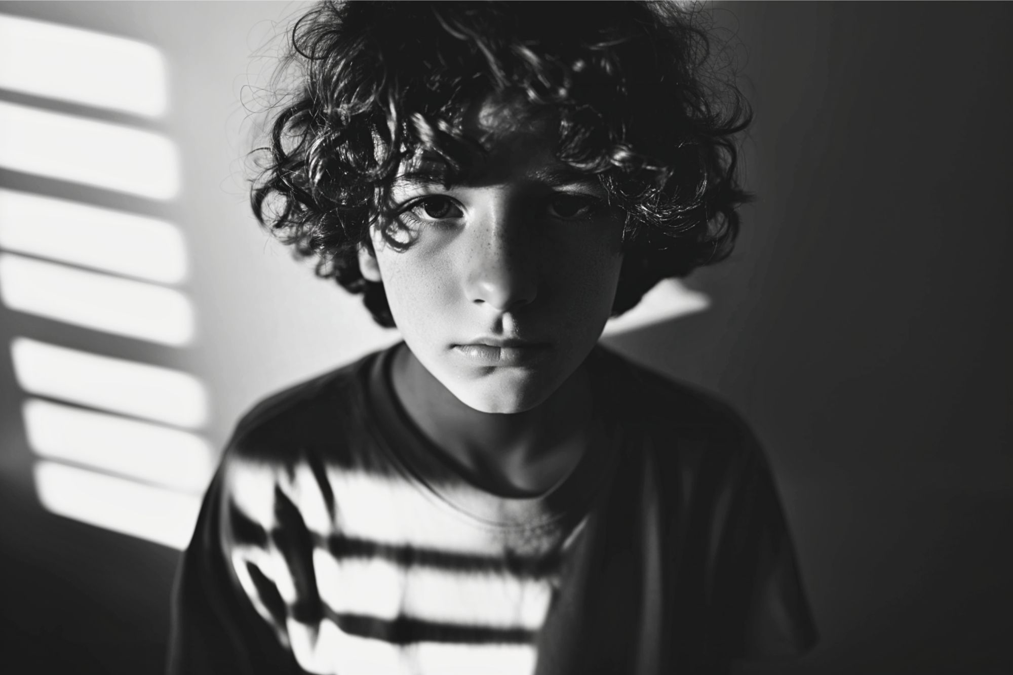 A young boy with curly hair stands in dramatic lighting, shadows from window blinds falling across his face and shirt, creating a somber, pensive mood in a black-and-white setting.