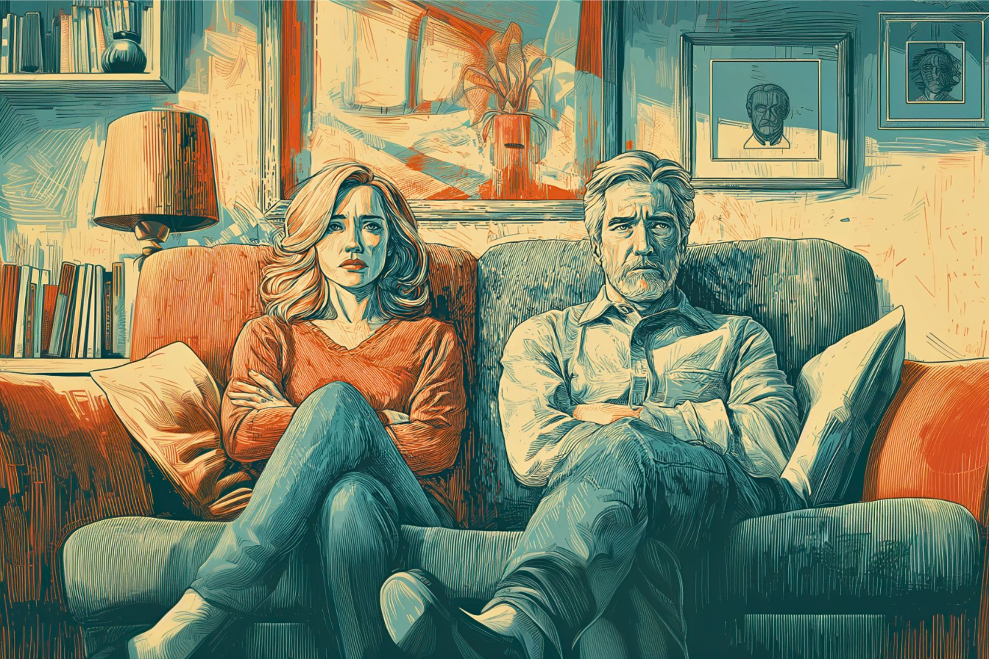 Illustration of a man and woman sitting on a couch with arms and legs crossed, both looking serious. The background shows shelves with books, a lamp, a potted plant, and framed pictures on the wall.