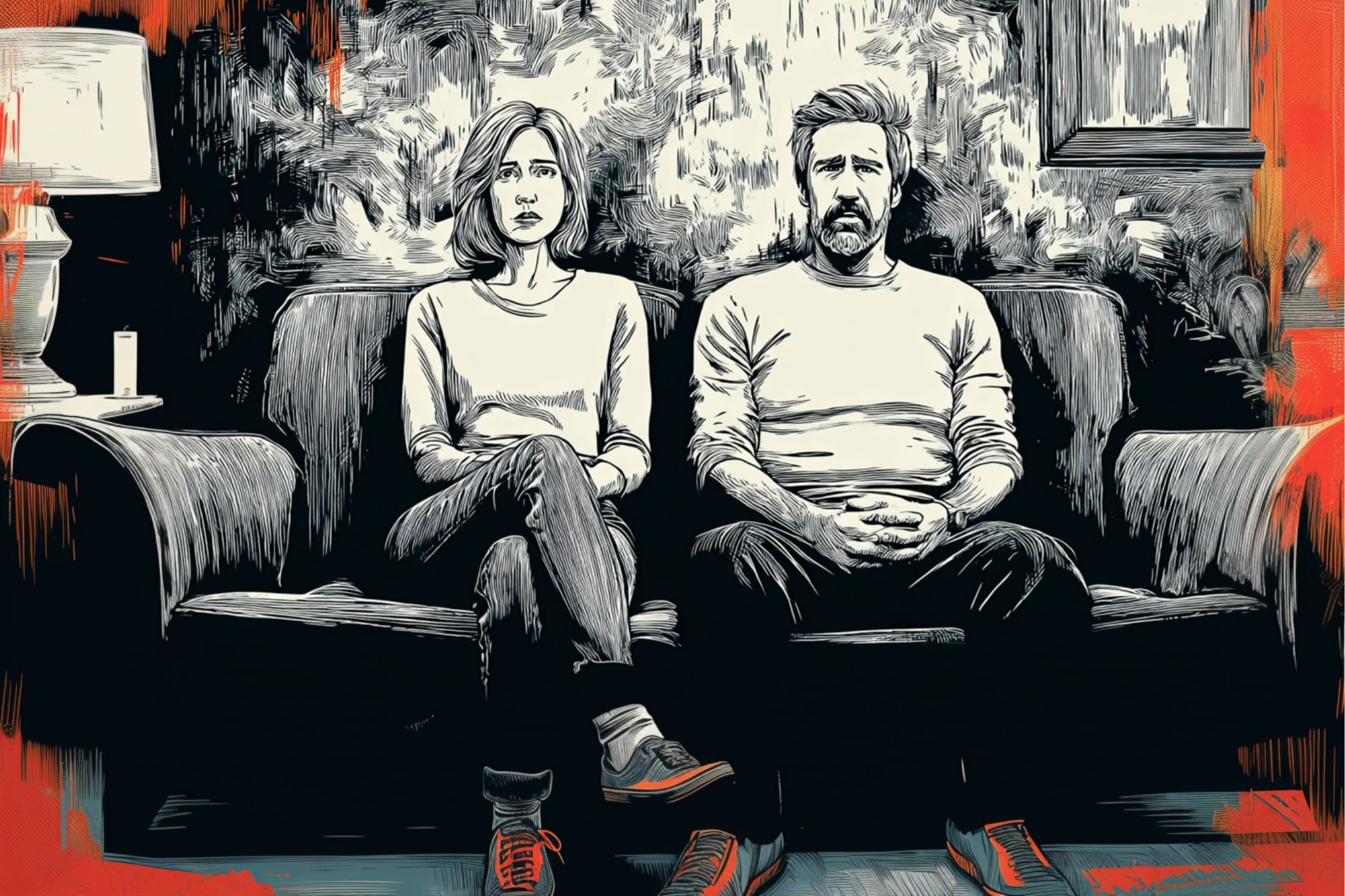 A digital illustration shows a man and a woman sitting tensely on a couch, both with serious expressions. The background is abstract, and the overall color palette is dark with splashes of orange and red accents.