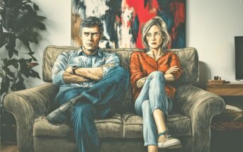 A man and woman sit on a couch with arms crossed, both looking upset. A colorful abstract painting hangs on the wall behind them, and houseplants are nearby.
