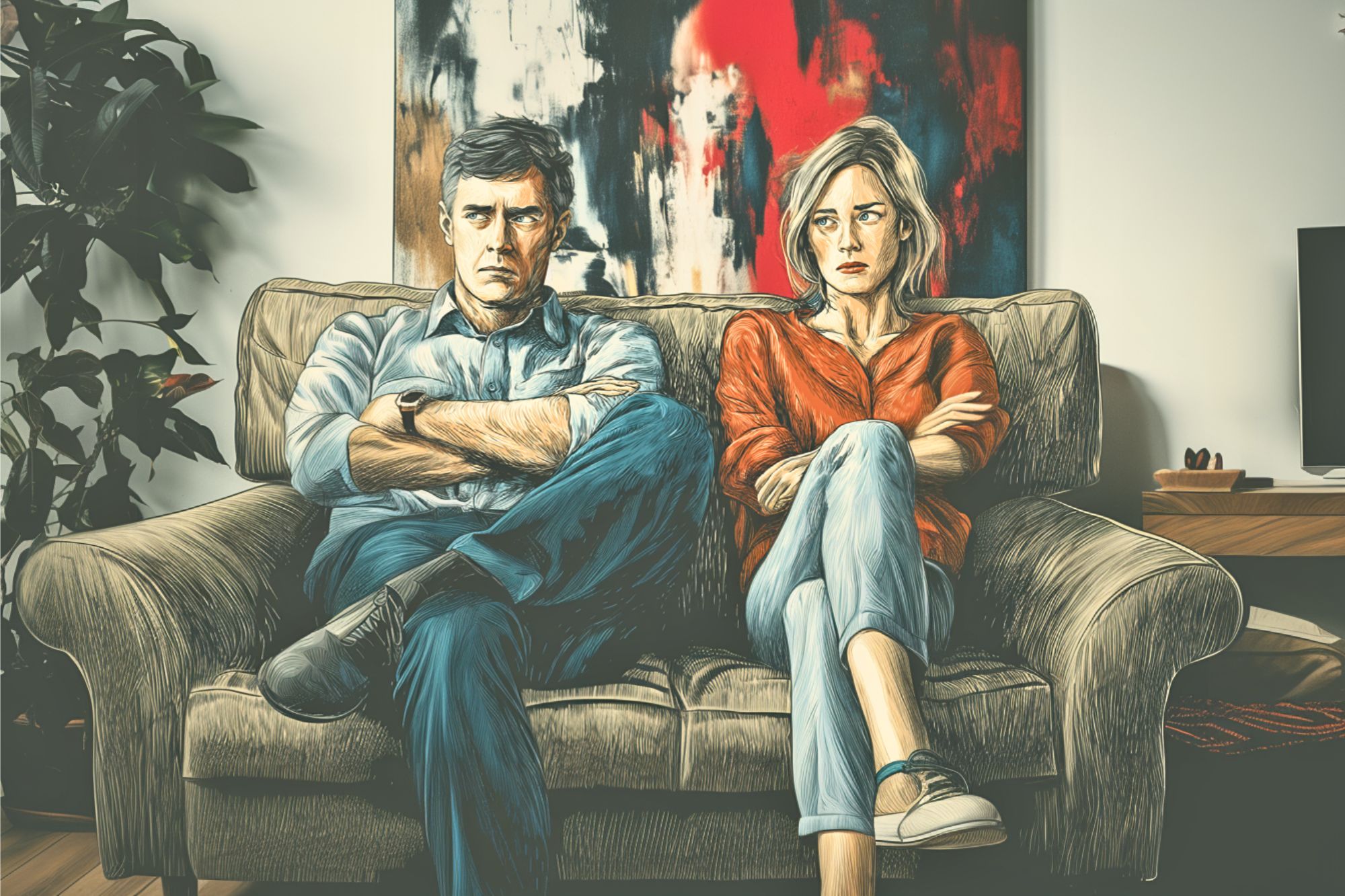 A man and woman sit on a couch with arms crossed, both looking upset. A colorful abstract painting hangs on the wall behind them, and houseplants are nearby.