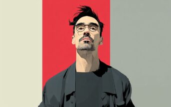 A digital illustration of a man with glasses, a mustache, and a short beard wearing a dark shirt, standing against a background divided into beige, red, and gray vertical sections.