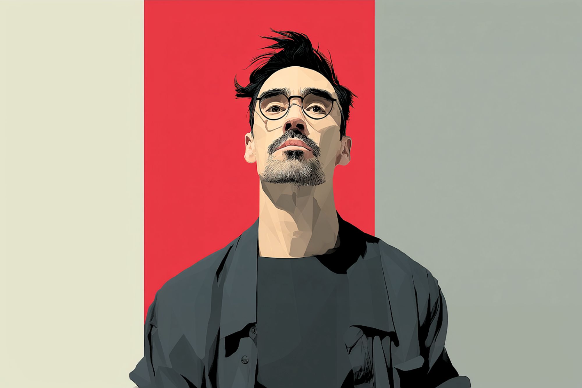 A digital illustration of a man with glasses, a mustache, and a short beard wearing a dark shirt, standing against a background divided into beige, red, and gray vertical sections.