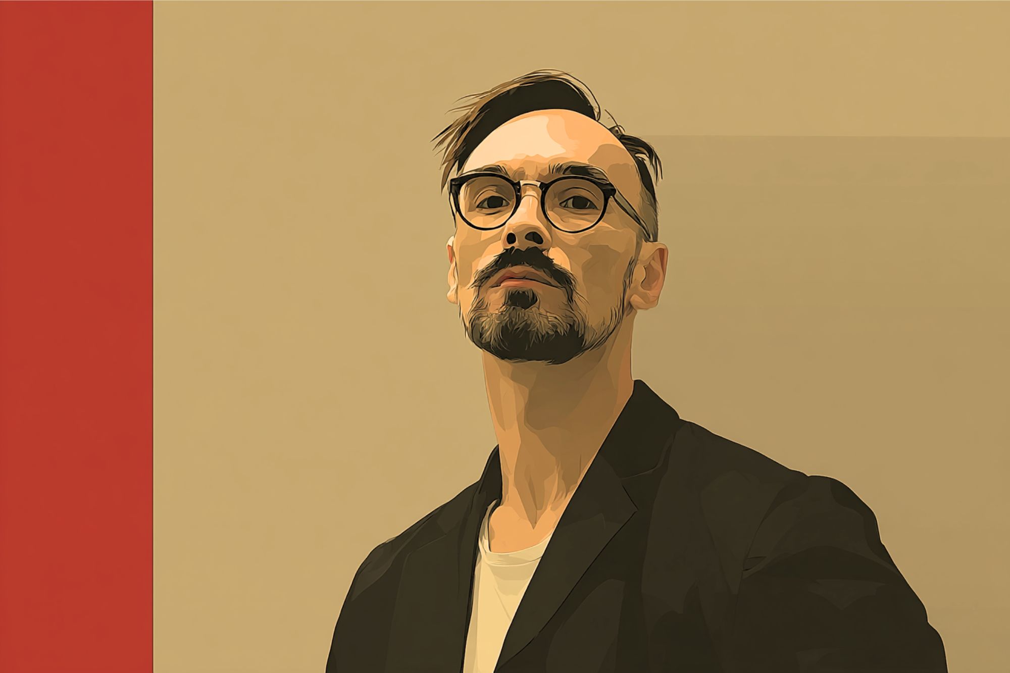A digital illustration of a man with glasses, short dark hair, and a beard, wearing a black jacket over a white shirt, standing against a beige background with a vertical red stripe on the left.