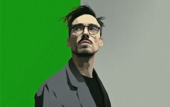 Illustration of a man with glasses and a beard wearing a gray jacket and black shirt, looking up and to the side. The background is split, green on the left and gray on the right.