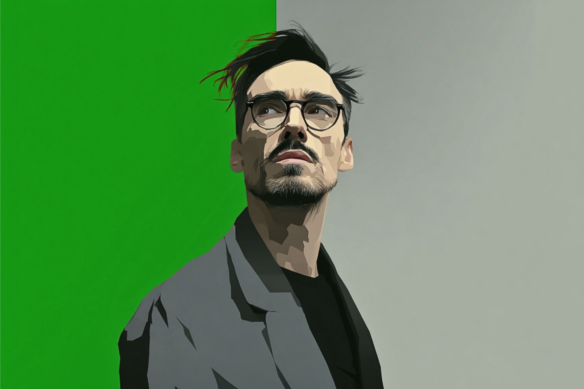 Illustration of a man with glasses and a beard wearing a gray jacket and black shirt, looking up and to the side. The background is split, green on the left and gray on the right.