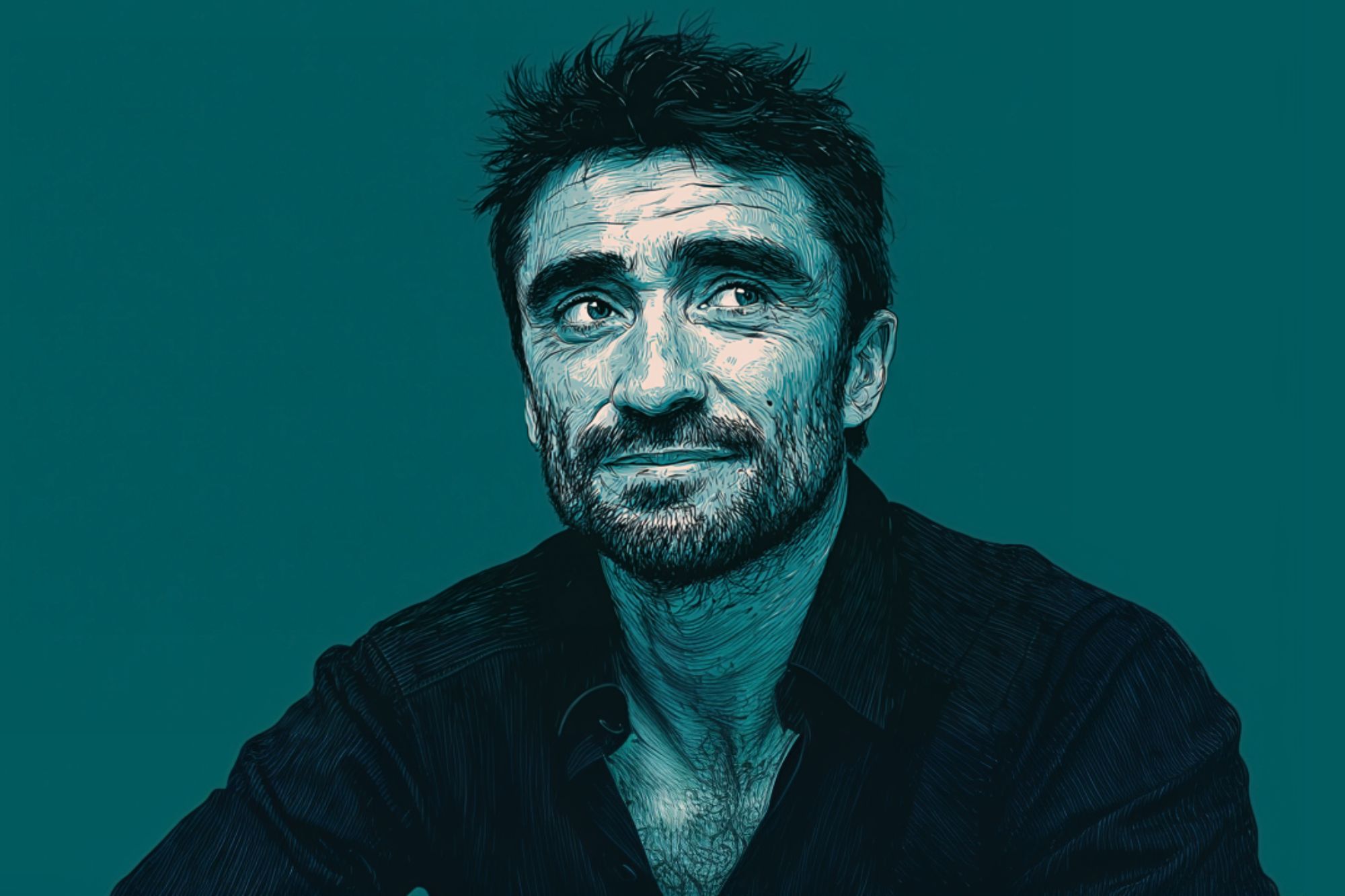 A digital illustration of a man with dark, tousled hair and a beard, wearing a dark shirt, looking slightly upward and to the side against a teal background.