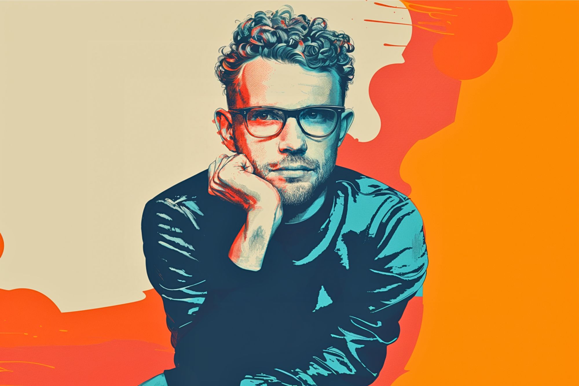 A stylized digital portrait of a man with curly hair and glasses, resting his chin on his hand, set against an abstract orange and cream background.