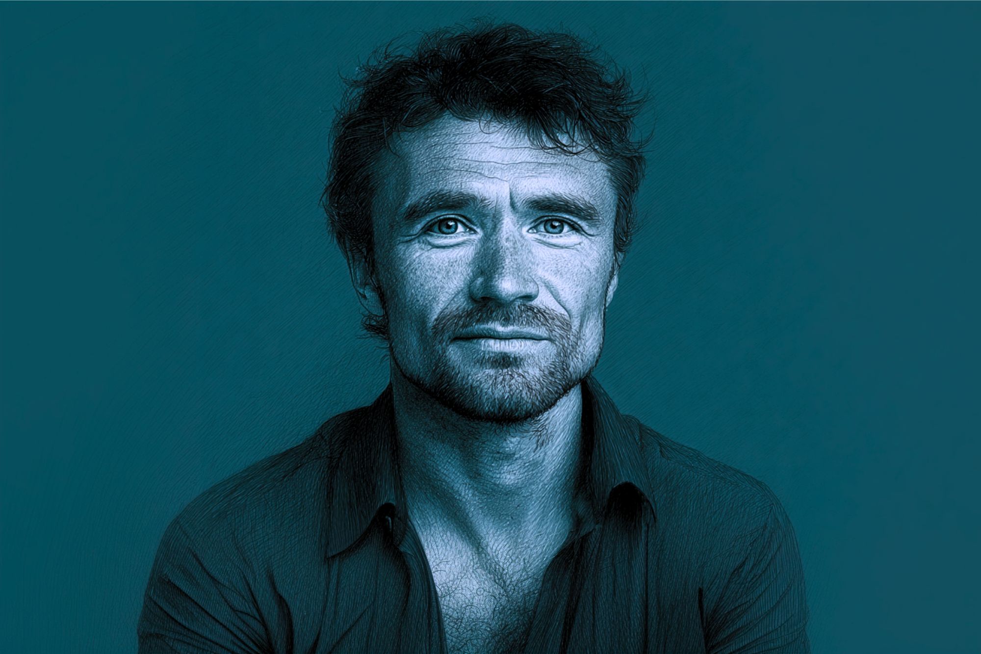 A man with short, wavy hair and a beard looks directly at the camera with a neutral expression. The image has a blue monochrome filter and a textured, sketch-like effect. He wears an open-collared shirt.