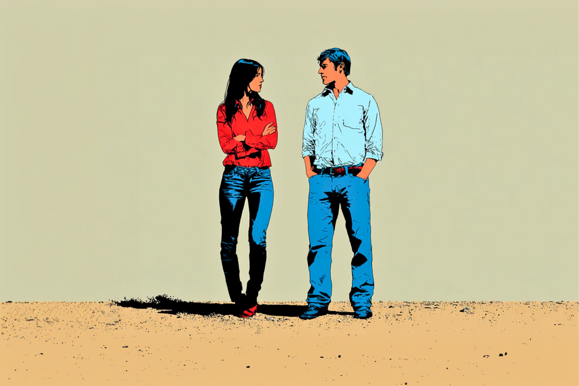 A stylized illustration of a woman and man walking side by side on sandy ground, both wearing jeans and button-up shirts, looking at each other against a plain, light background.