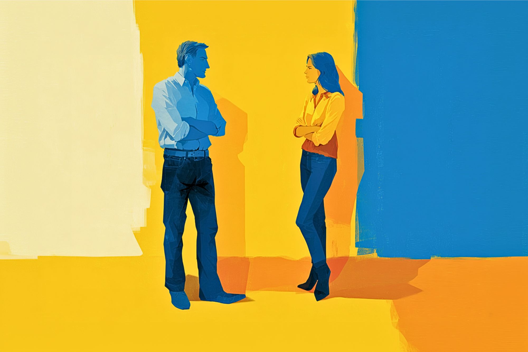 A man and a woman stand facing each other with arms crossed, set against a colorful abstract background with large blocks of yellow, blue, and white. Both appear to be engaged in conversation.