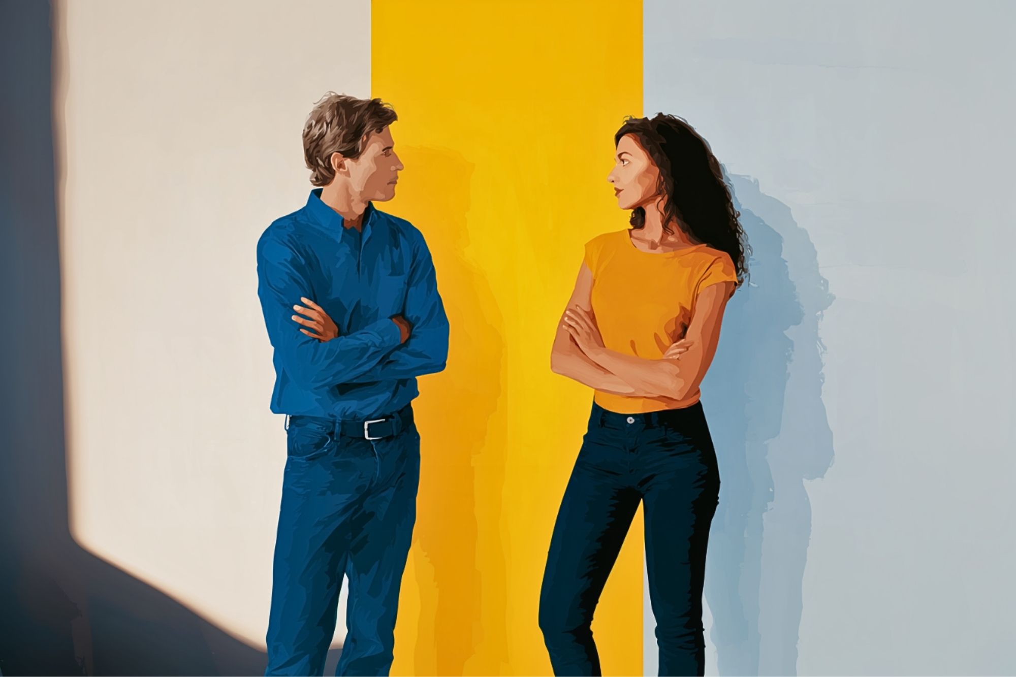 A man and woman stand facing each other with arms crossed, against a wall with blue, yellow, and white vertical stripes. They appear to be having a serious conversation.
