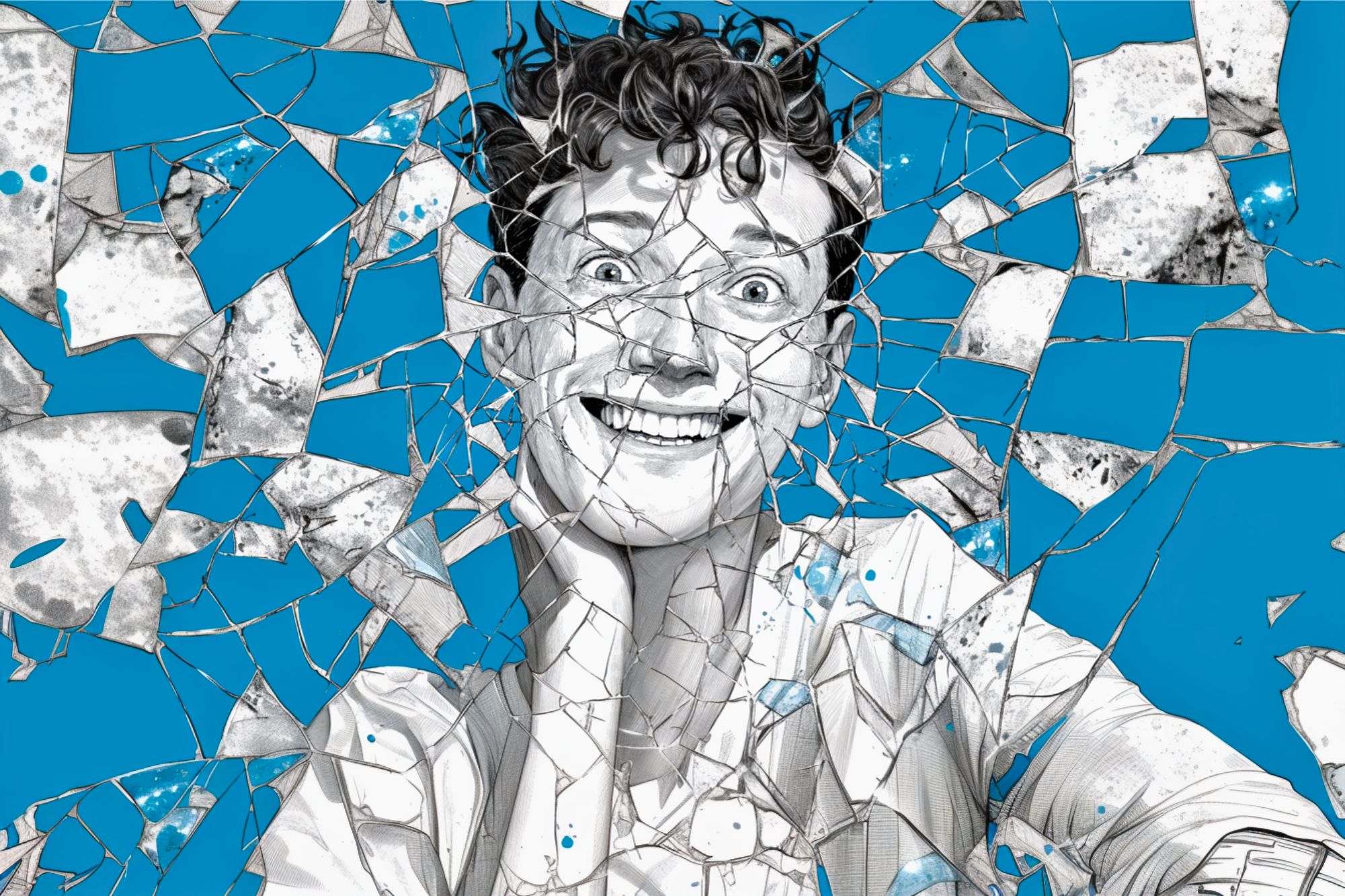 A black-and-white drawing of a smiling person with curly hair, seen through shattered glass pieces against a bright blue background, creating a fragmented effect.