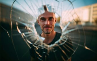 Man with blue eyes and a goatee smiles through a jagged hole in broken glass.