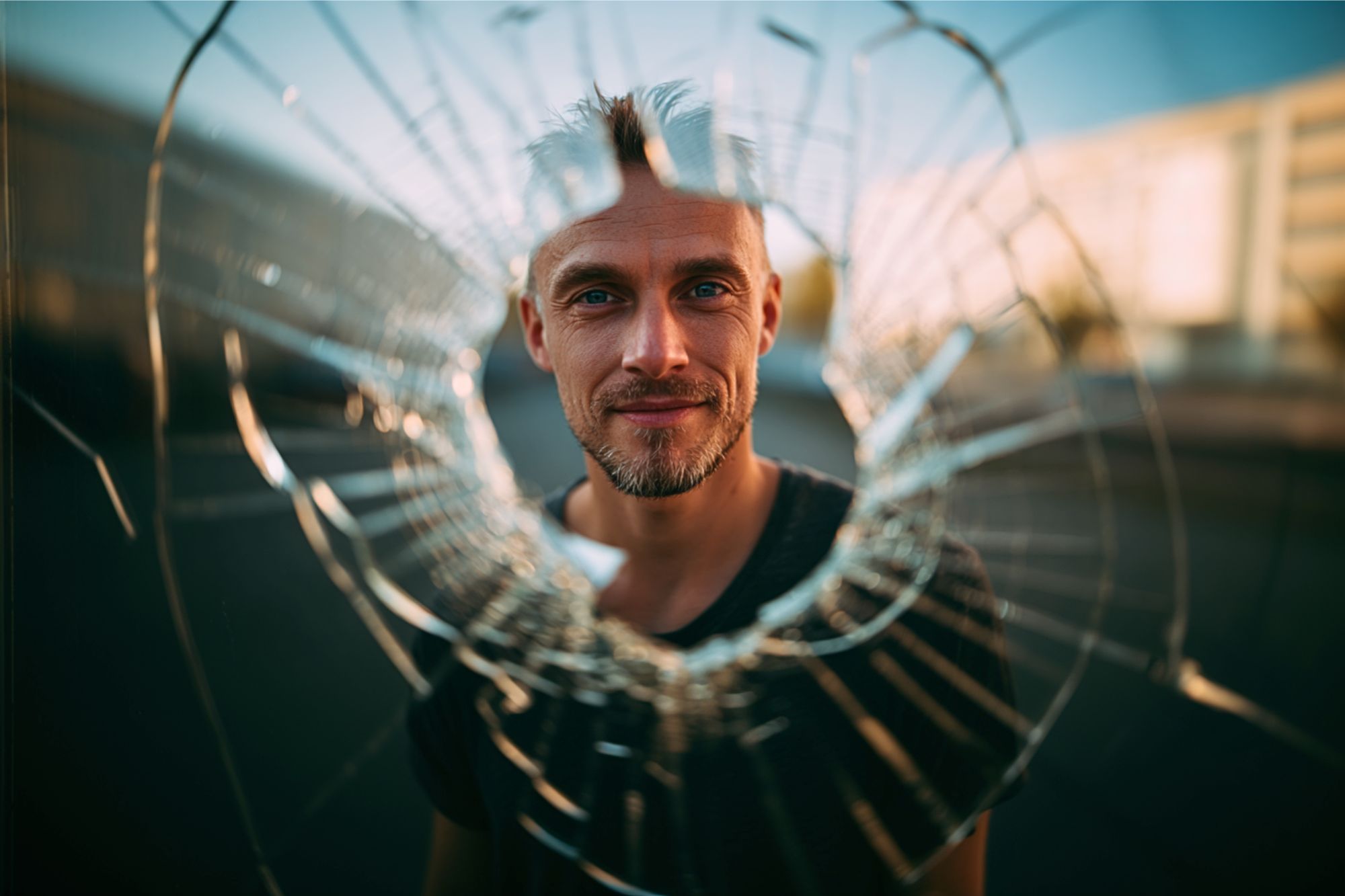 Man with blue eyes and a goatee smiles through a jagged hole in broken glass.