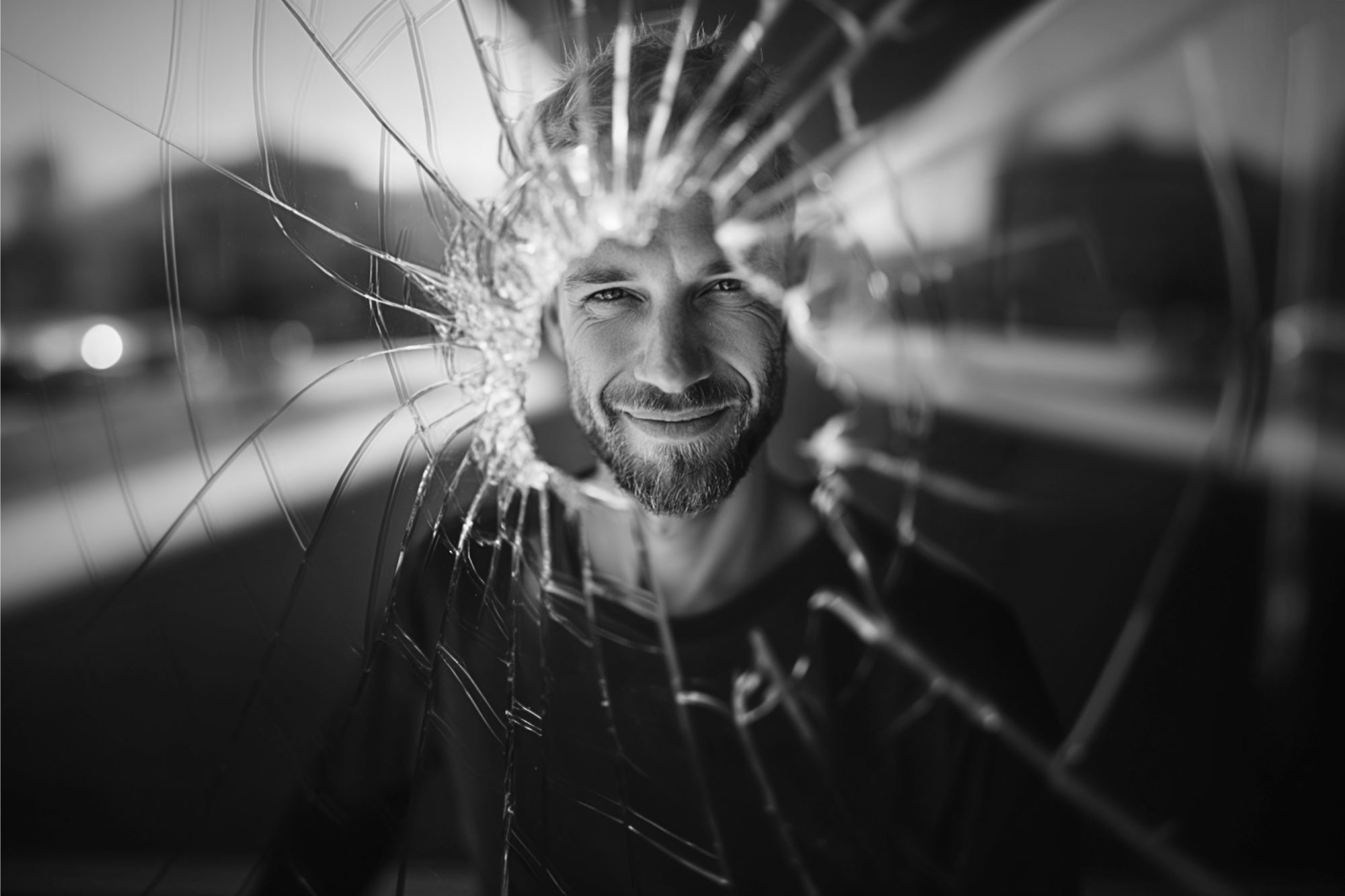 A man with a beard smiles through a jagged hole in a cracked glass window, with blurred buildings in the background. The image is in black and white.
