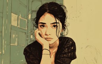 A digital illustration of a young woman with dark hair resting her chin on her hand, gazing forward with a pensive expression. She is seated indoors near a teal door, wearing a dark top and a simple bracelet.