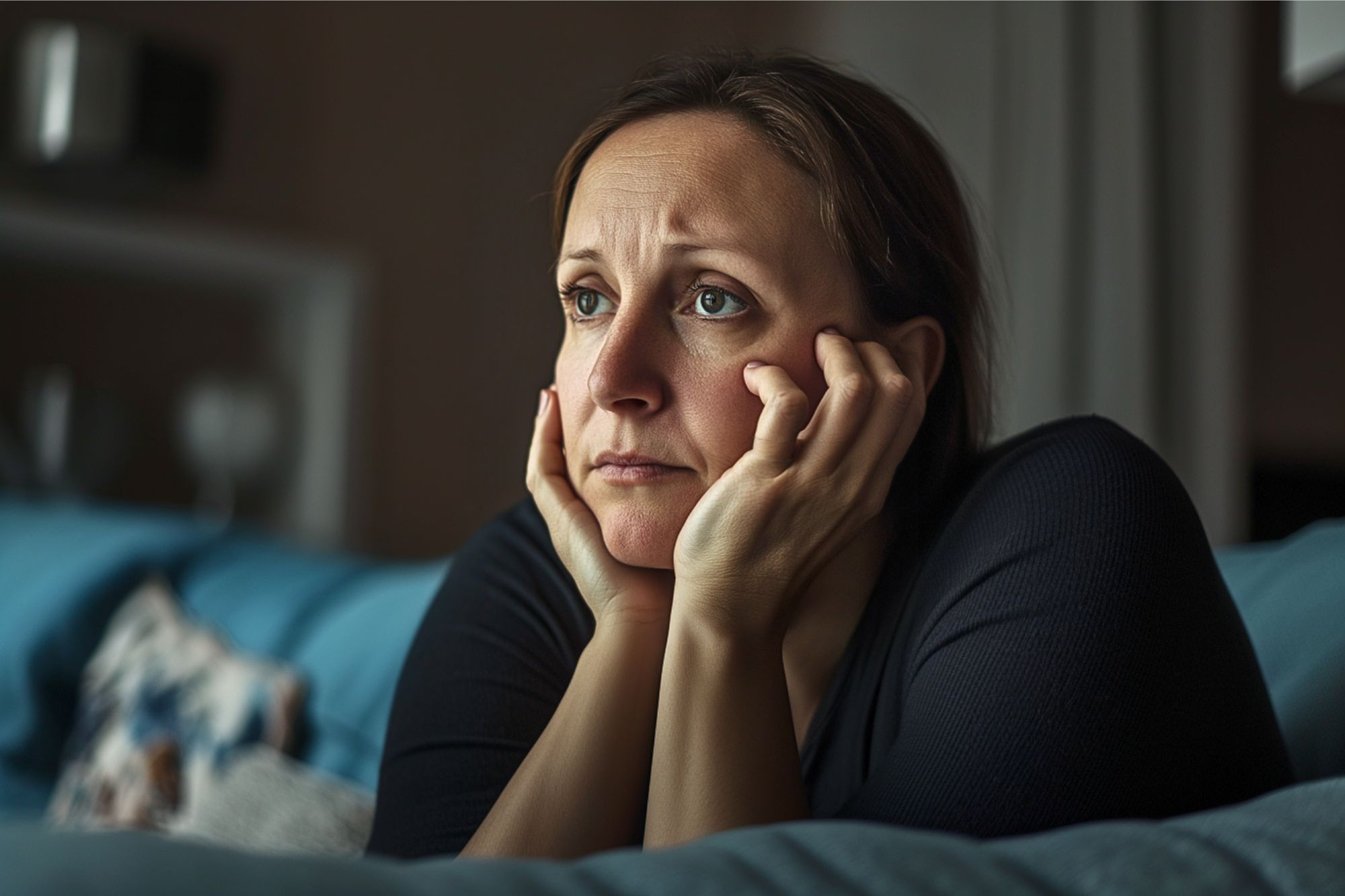 A woman sits on a blue couch, resting her chin in her hands and gazing ahead with a thoughtful, worried expression. The room around her is softly lit and blurred in the background.