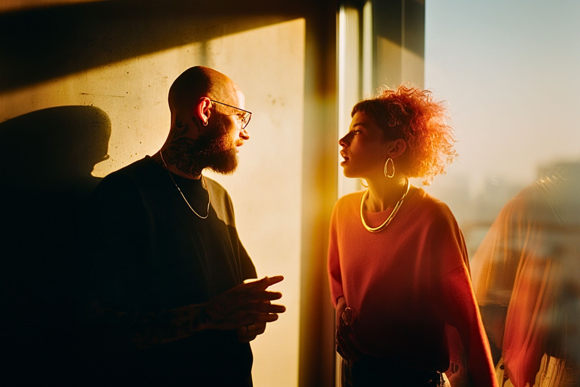 A man with tattoos and glasses talks to a woman with curly hair and hoop earrings as warm sunlight streams through a window, casting dramatic shadows on the wall.