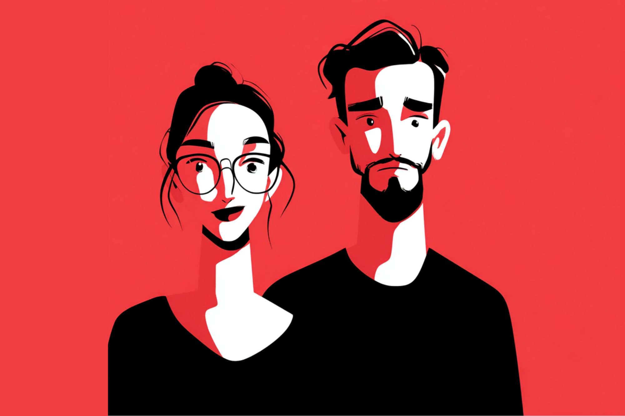 A stylized illustration of a woman with glasses and a man with a beard, both wearing black shirts, against a red background. The artwork uses bold black, white, and red colors with sharp contrasts.