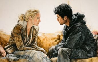 A man and woman sitting on a couch looking at each other.