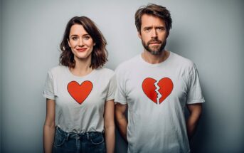 A woman smiles wearing a white t-shirt with a red heart, while a man beside her looks serious in a matching shirt with a red broken heart. Both stand against a plain gray background.