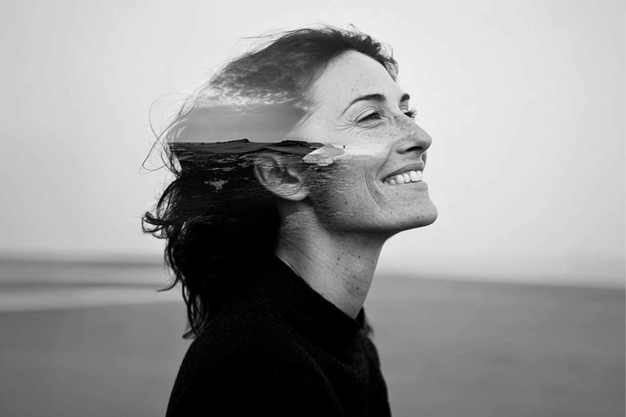 A black and white double exposure photo of a woman smiling in profile, with her hair blending into an ocean scene featuring waves and clouds.