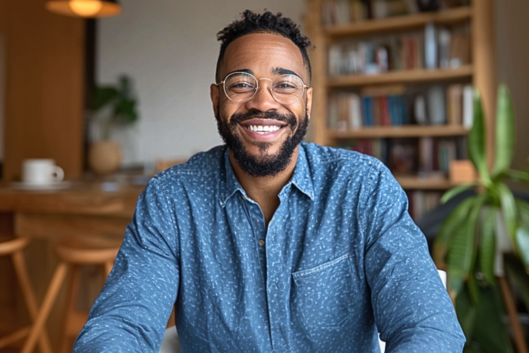 A smiling man with glasses and a beard wearing a blue shirt sits indoors, with bookshelves, a plant, and a wooden table in the background.