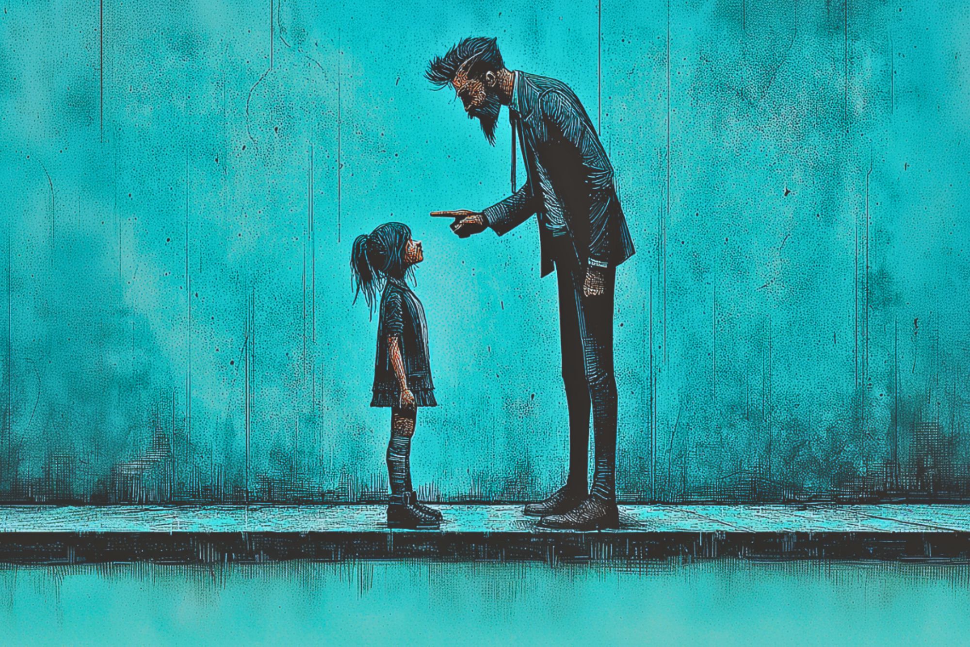 A man in a suit sternly points his finger at a young girl as they stand facing each other against a textured blue wall. The girl looks up at the man with a serious expression.