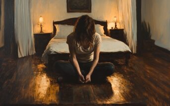 A woman sits cross-legged on a wooden floor in a dimly lit bedroom, head bowed and hands in her lap. Warm light from bedside lamps softly illuminates the room and the neatly made bed behind her.