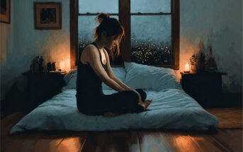 A woman sits cross-legged on a bed in a dimly lit room with glowing candles and a cityscape visible through the window at night, creating a calm, reflective atmosphere.