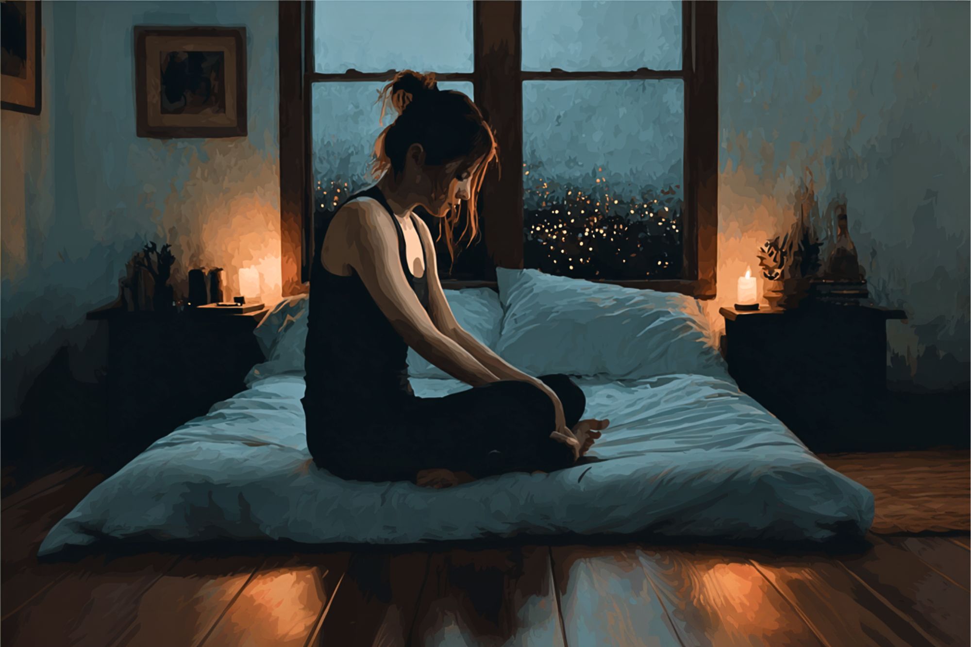 A woman sits cross-legged on a bed in a dimly lit room with glowing candles and a cityscape visible through the window at night, creating a calm, reflective atmosphere.