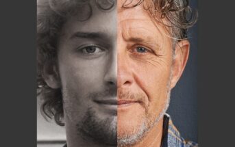A split image showing the left half of a young man's face in black and white, and the right half of an older man's face in color. Both have facial hair and curly hair. The image highlights aging and contrast.