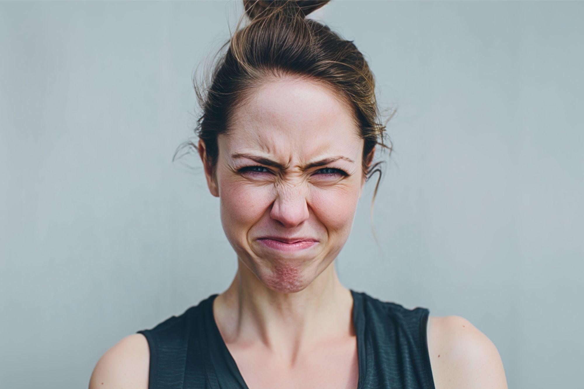 A woman with light skin and brown hair in a bun is wearing a black sleeveless shirt and scrunching her face, expressing displeasure or annoyance, against a plain light gray background.