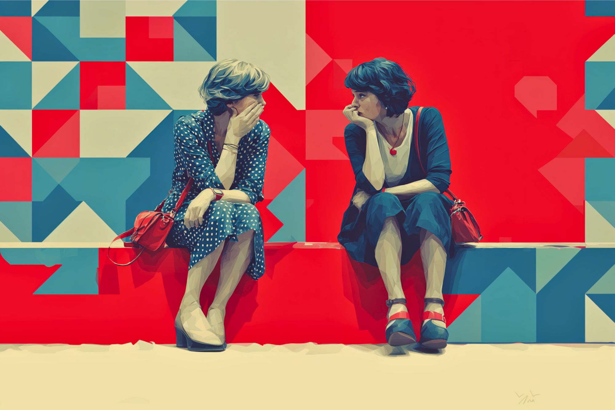 Two women sit on a red bench, facing each other, engaged in conversation. The background features a colorful geometric pattern with red, blue, and cream shapes. Both women wear dresses and have short hair.