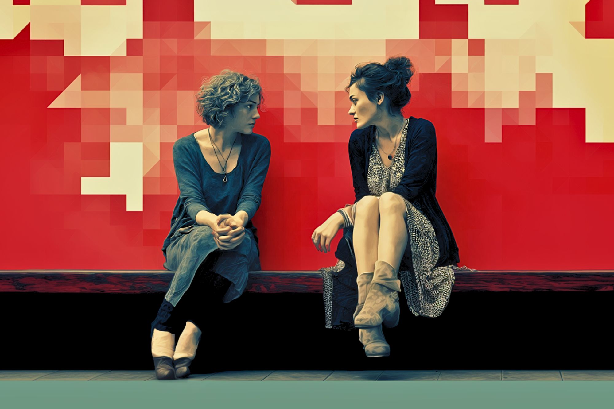 Two women sit on a bench against a red and pixelated background, facing each other and engaged in conversation. Both wear casual dresses and boots, with one woman crossing her legs and the other clasping her hands.