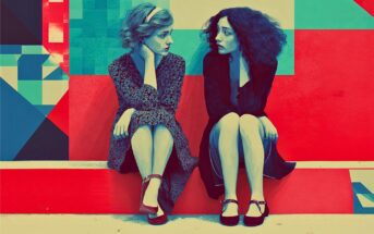 Two women sit side by side against a vibrant, geometric-patterned background, looking at each other with thoughtful expressions. Both wear dresses and flat shoes. The image has a stylized, surreal color palette.