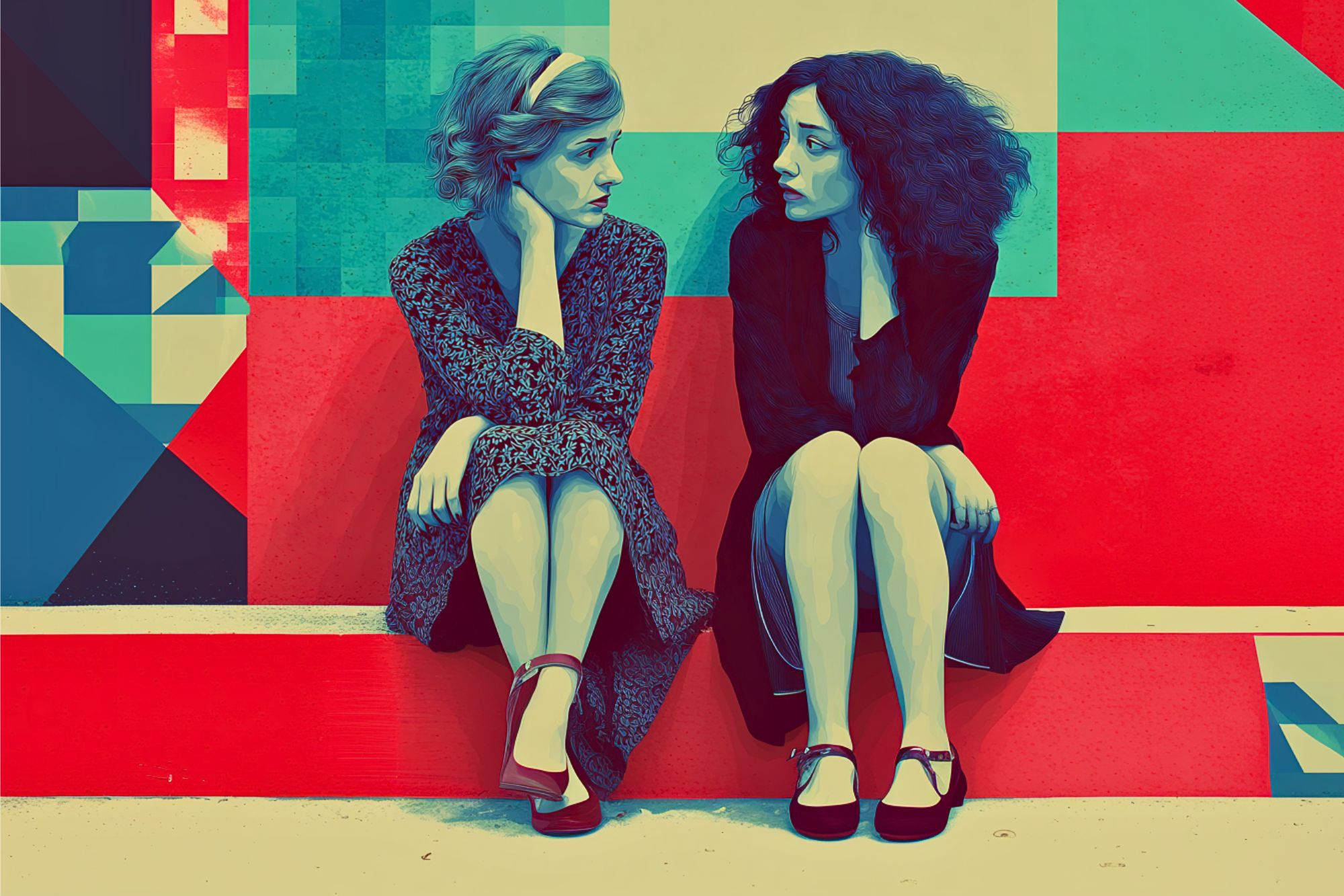 Two women sit side by side against a vibrant, geometric-patterned background, looking at each other with thoughtful expressions. Both wear dresses and flat shoes. The image has a stylized, surreal color palette.