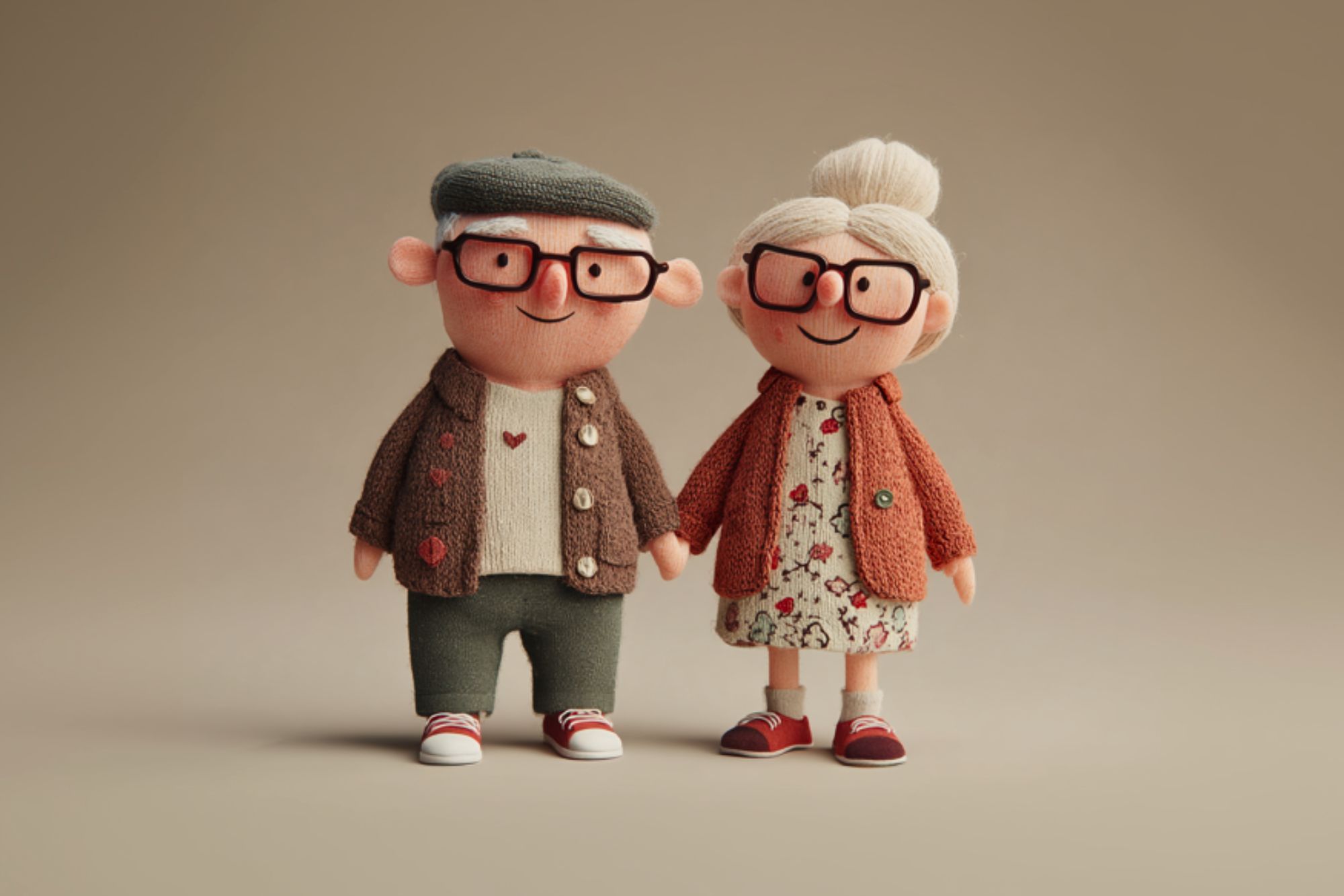 Two cute, hand-crafted dolls of an elderly couple stand side by side, both wearing glasses and cozy clothes. The man has a cap and jacket, while the woman wears a floral dress and cardigan. They both smile warmly.