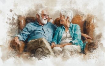 An elderly couple with white hair sits closely together on a brown sofa, smiling warmly at each other in a relaxed and happy moment. The image has a soft, painted effect with faded edges.