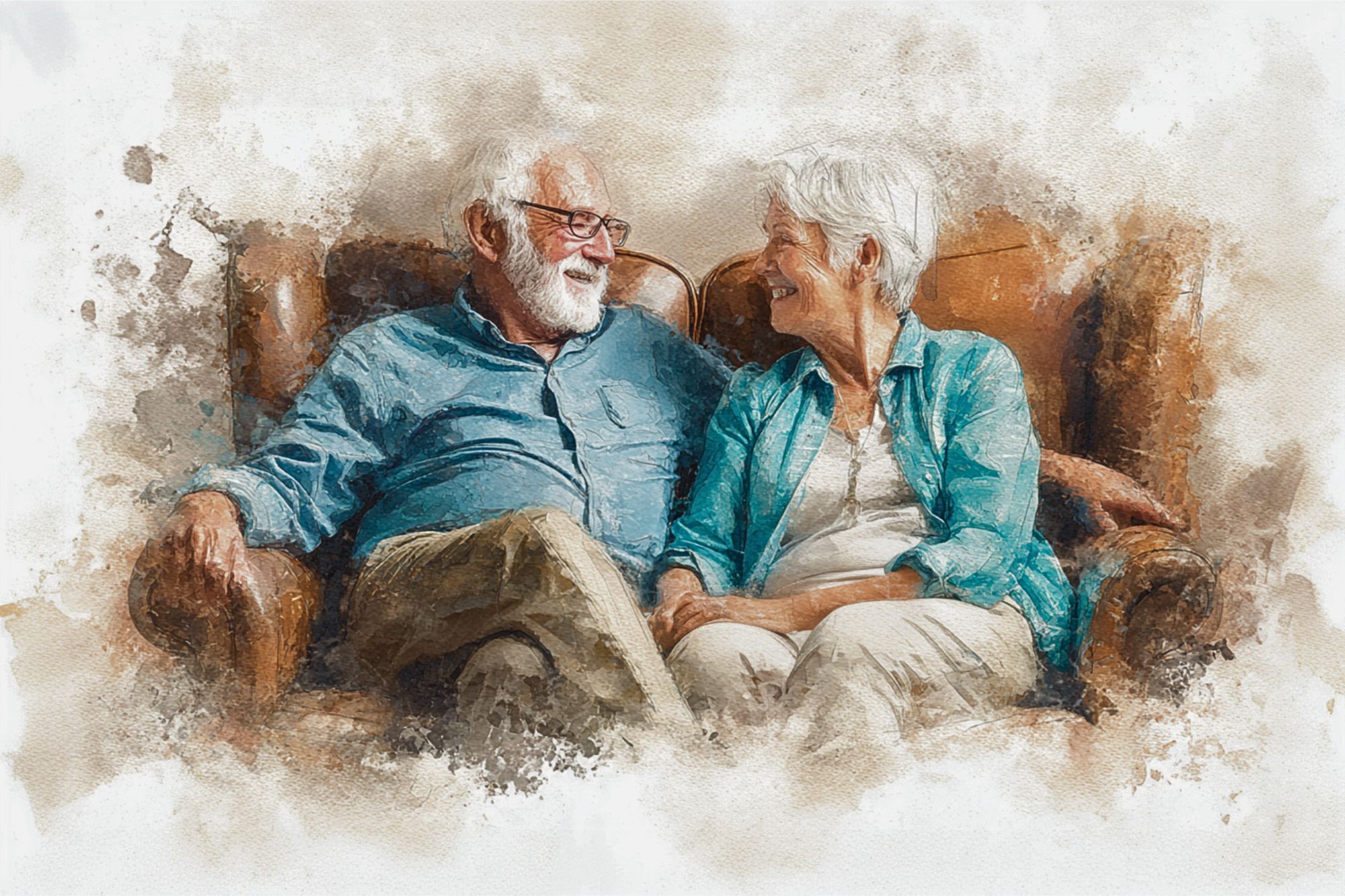 An elderly couple with white hair sits closely together on a brown sofa, smiling warmly at each other in a relaxed and happy moment. The image has a soft, painted effect with faded edges.