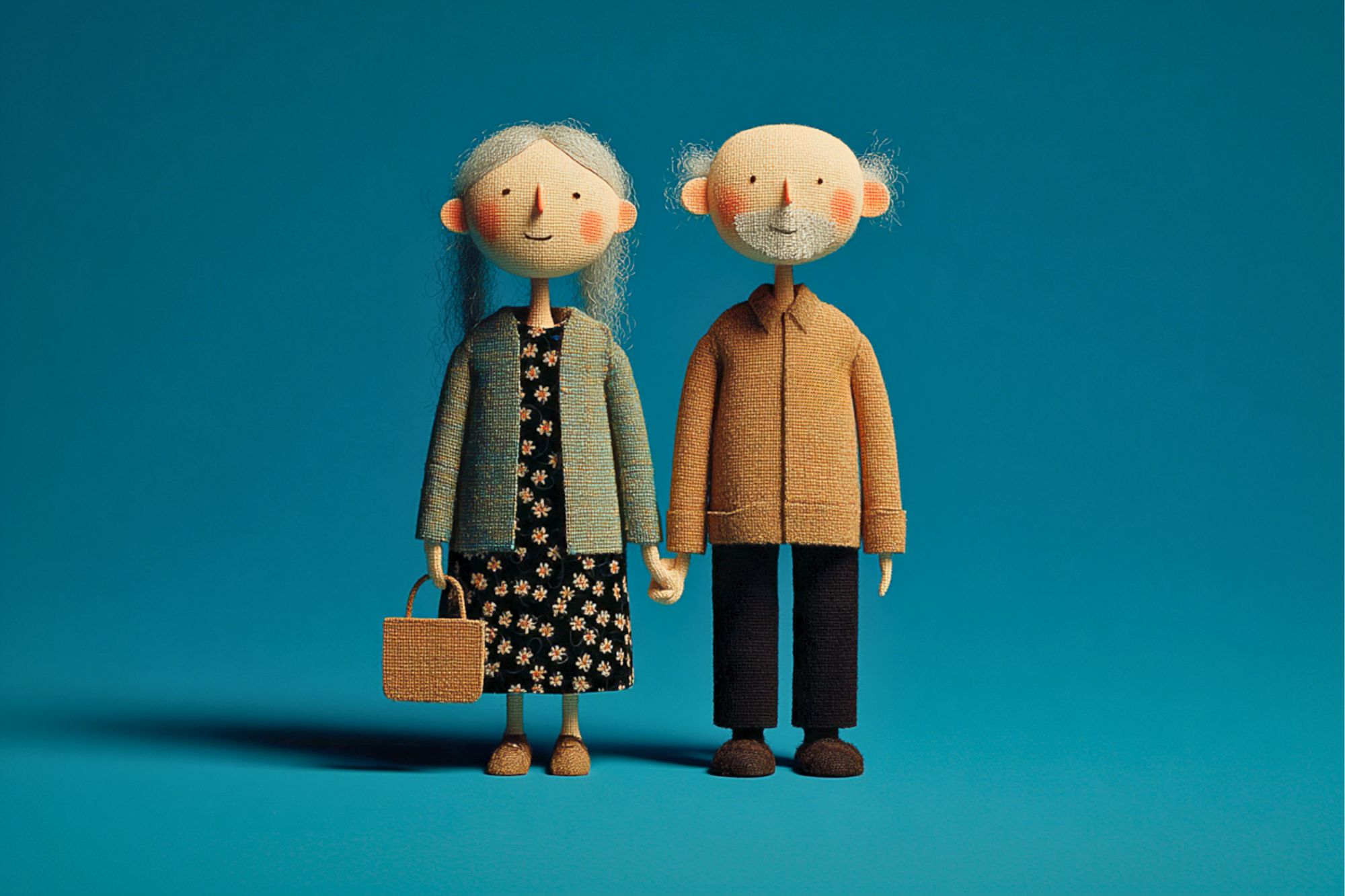 Two handcrafted dolls of an elderly woman and man stand side by side against a blue background. The woman holds a basket and wears a dress and cardigan; the man wears a brown jacket and dark pants. Both are smiling.