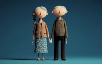 Two stylized, smiling elderly figures stand holding hands. The woman wears a brown cardigan and blue floral dress; the man wears a dark shirt and pants. Both have gray hair and stand against a plain blue background.