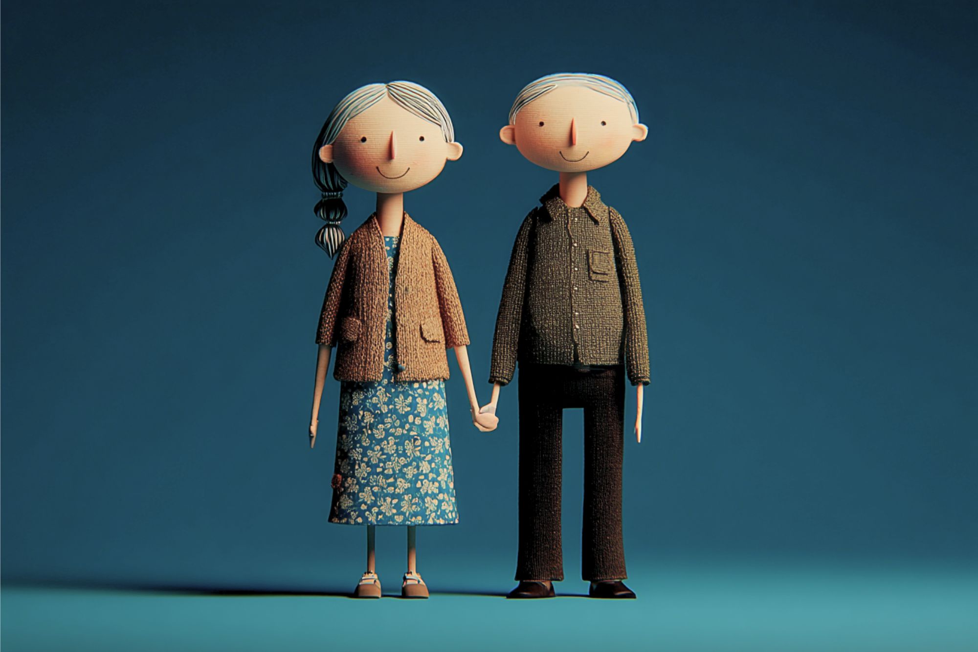 Two stylized, smiling elderly figures stand holding hands. The woman wears a brown cardigan and blue floral dress; the man wears a dark shirt and pants. Both have gray hair and stand against a plain blue background.