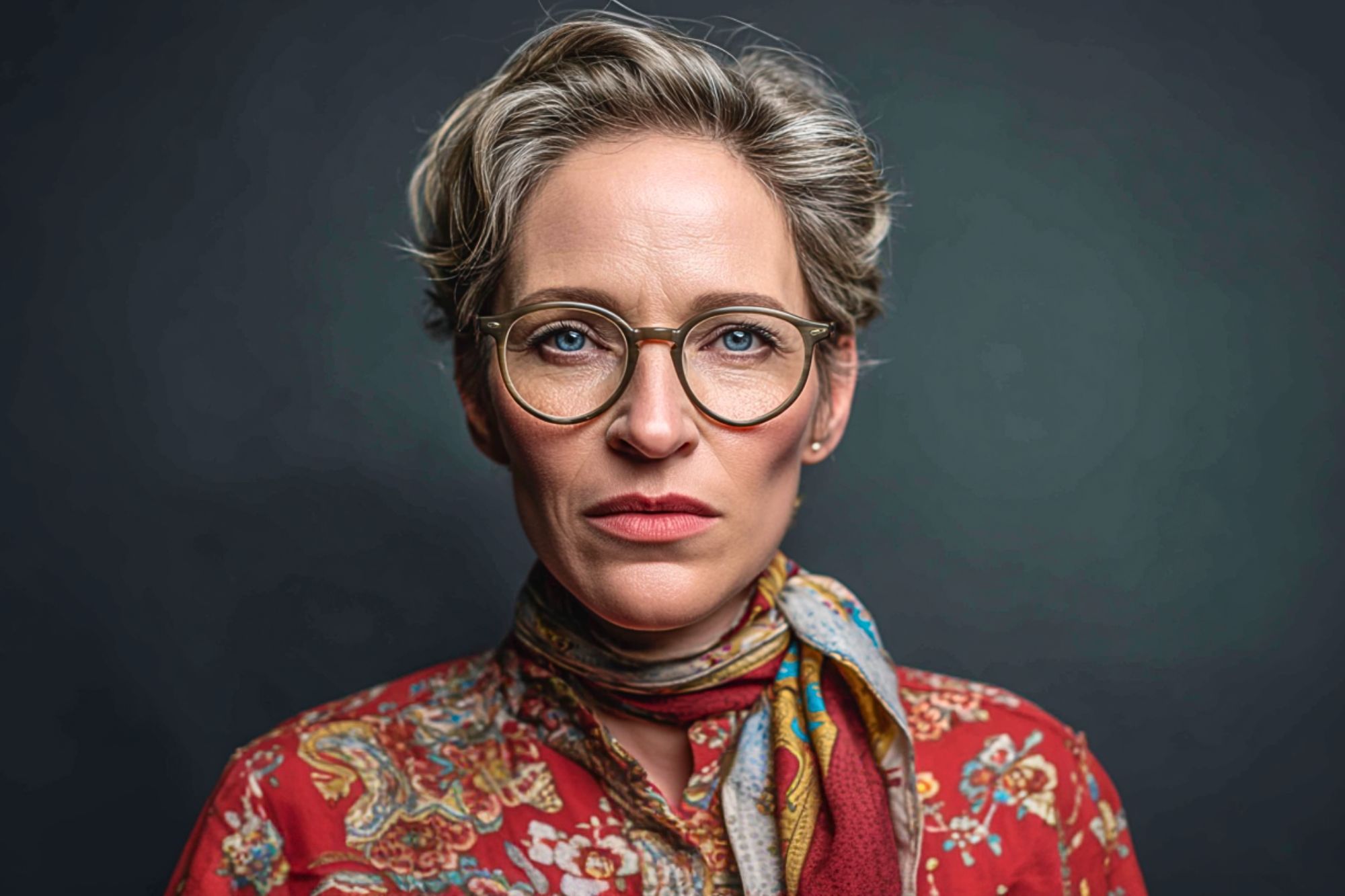 A woman with short, light hair and glasses, wearing a patterned red blouse and a colorful scarf, looks directly at the camera with a neutral expression against a dark background.