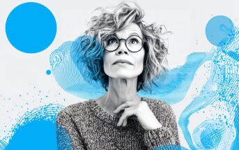 A woman with curly hair and glasses looks upward thoughtfully. She wears a textured sweater. The background features abstract blue shapes and patterns, giving the image a modern, artistic feel.