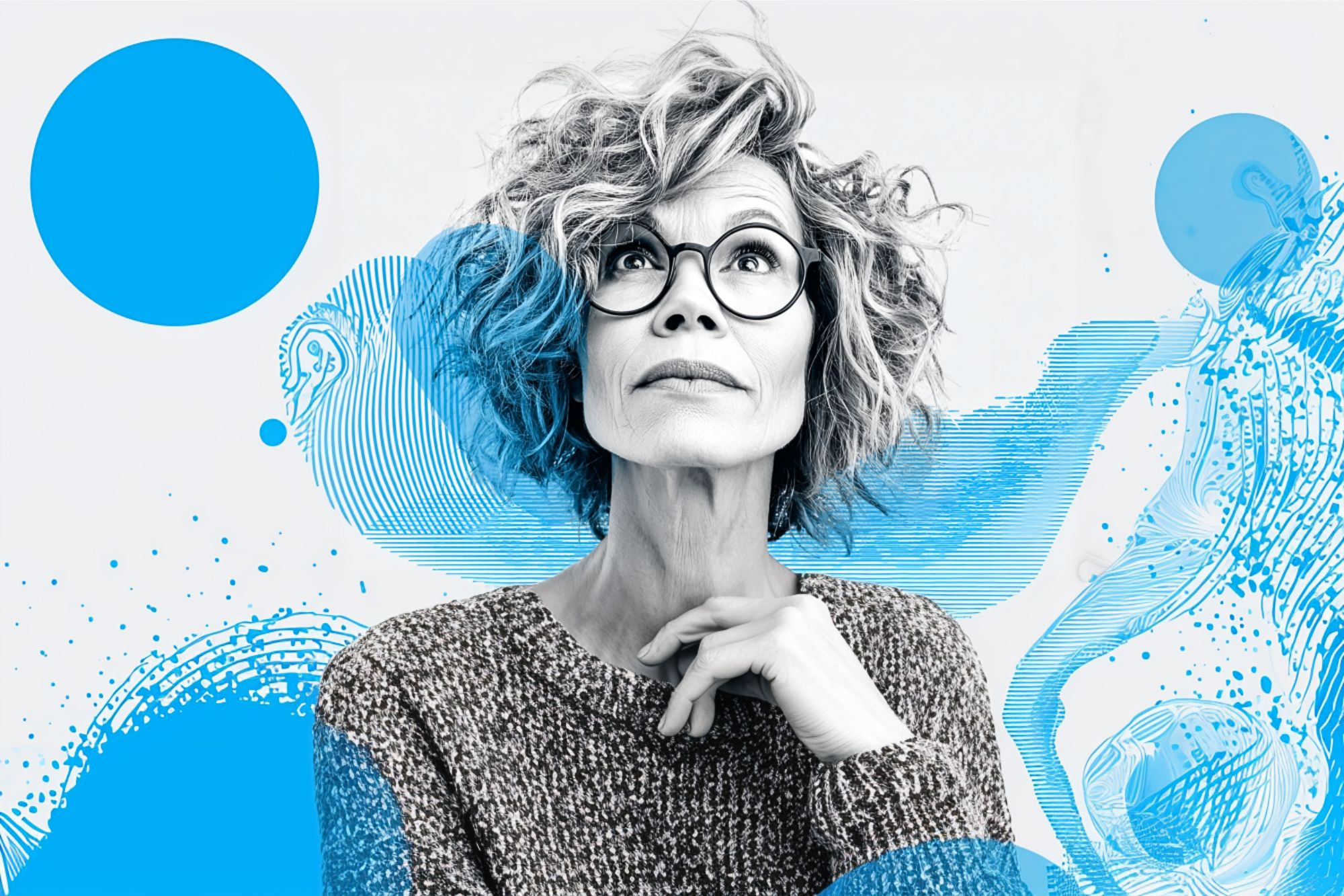 A woman with curly hair and glasses looks upward thoughtfully. She wears a textured sweater. The background features abstract blue shapes and patterns, giving the image a modern, artistic feel.