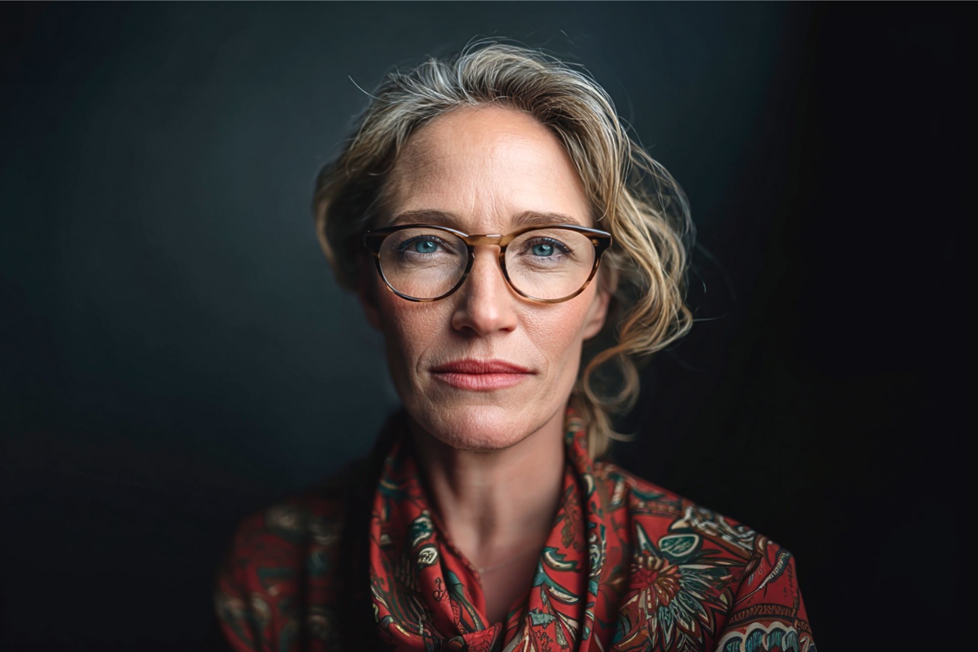 A middle-aged woman with wavy blonde hair, wearing glasses and a patterned scarf, looks confidently at the camera against a dark, blurred background.