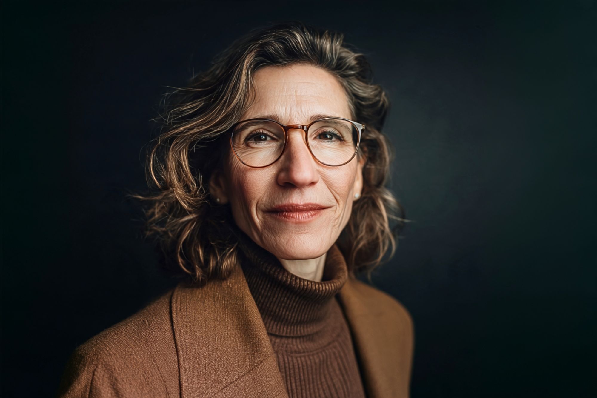 A woman with wavy hair and glasses, wearing a brown turtleneck and blazer, stands against a dark background, smiling softly at the camera.