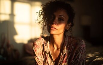 A woman with curly hair sits in warm, golden sunlight, casting shadows on her face. She wears a floral shirt and gazes thoughtfully at the camera, with a soft, blurred background behind her.